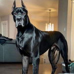 Un Italian Daniff debout sur un plancher en bois dans un salon