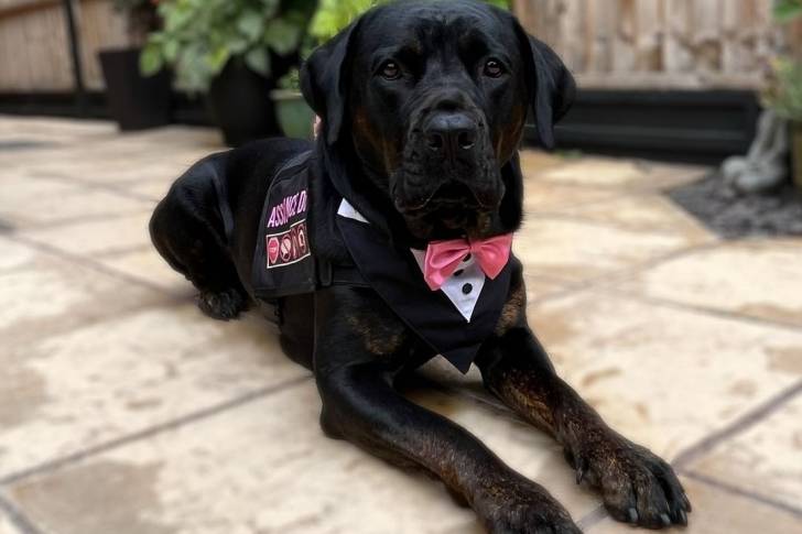 Un Rotticorso portant un noeud papillon et allongé sur une terrasse en pierre