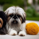 Un Affen Tzu allongé sur un trottoir avec une balle jaune à proximité