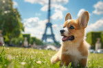 Un Welsh Corgi Pembroke assis sur un terrain herbeux non loin de la tour Eiffel 