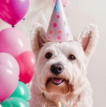Un Weshi-Tzu de pelage blanc assis en tirant la langue hors de sa gueule et portant un chapeau  rose