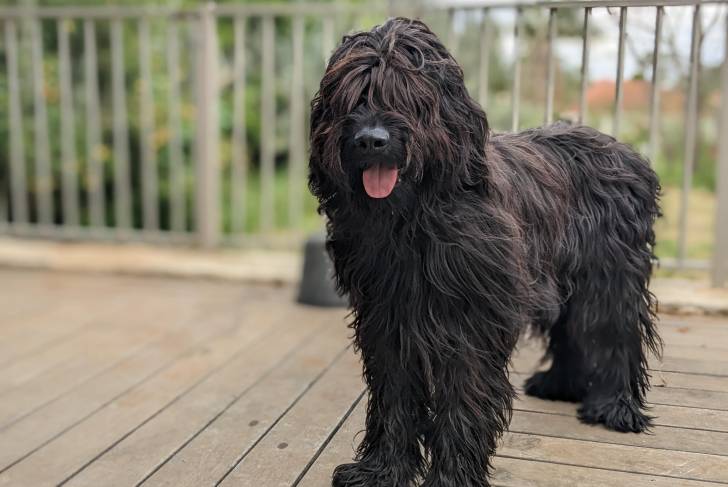 Un Bridoodle sur un plancher et ayant la langue pendante 