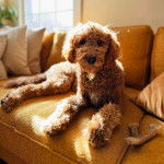 Un Pooahoula allongé sur un canapé et regardant vers la caméra 