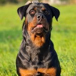 Un Miniature Rottweiler sur une surface herbacée 
