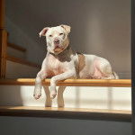 Un Staffweiler regardant vers la caméra et portant un collier autour du cou 