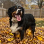 Un Bordernese ayant la langue pendante et portant un collier autour du cou
