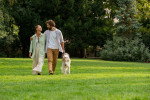 Un Barzoï en promenade avec un couple