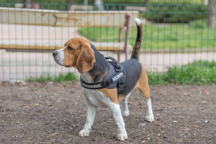 Un Beagle avec un harnais