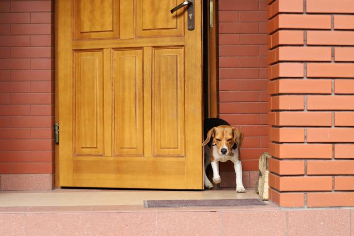 Un Beagle en train de quitter seul son domicile