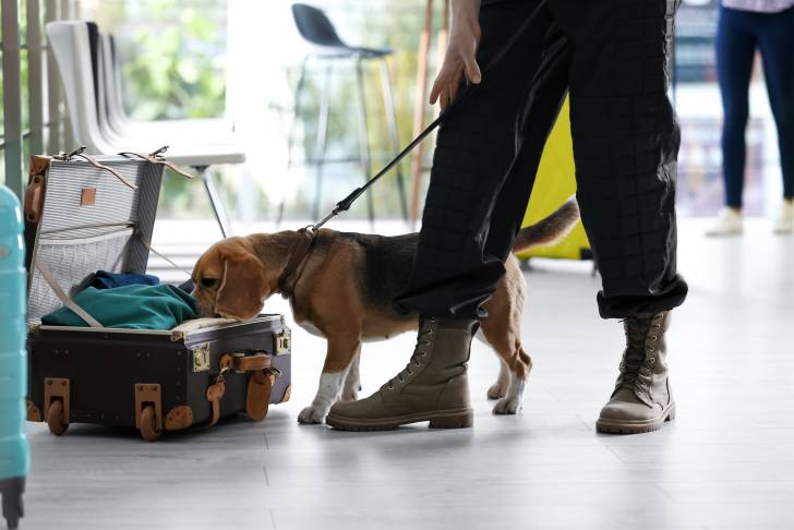 Un Beagle en train de renifler une valise
