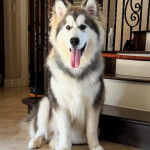 Un Alusky assis et ayant la langue pendante 