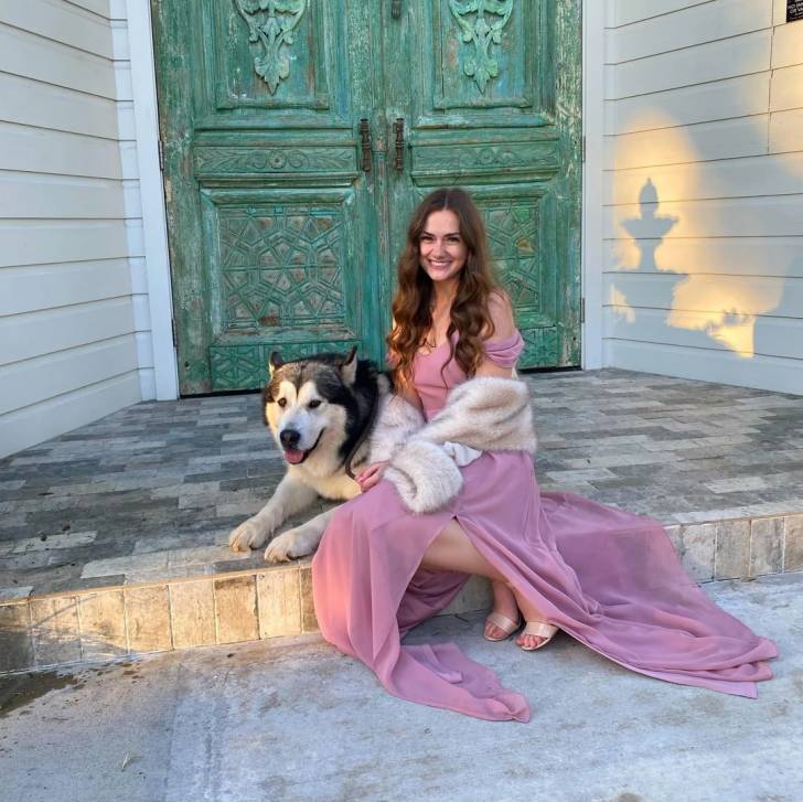 Un Alusky allongé à côté d'une femme 