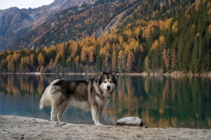 Un Alusky sur une berge et regardant vers la caméra 