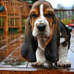 Un Basselier sur un plancher et regardant vers la caméra