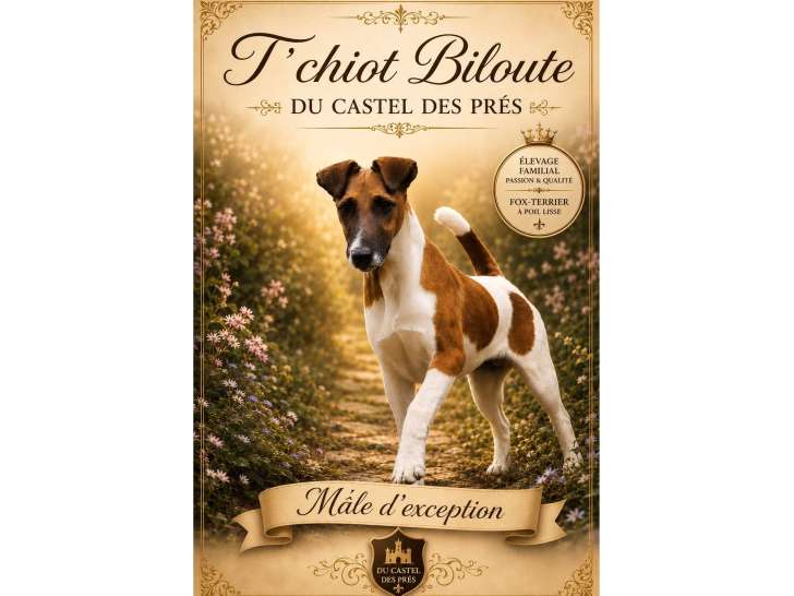 T’Chiot Biloute du Castel des Prés, un magnifique Fox Terrier à Poil Lisse au charme naturel et à l’élégance remarquable.